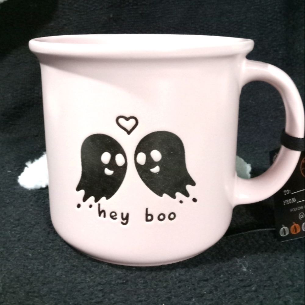 Hey Boo ghost mug pink and black halloween mug ghost mug , ghost mug, pink ghost